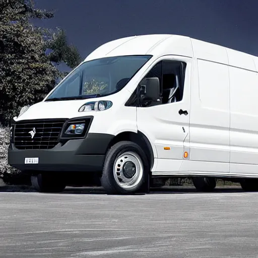 Prompt: A white commercial van designed and produced by Ferrari promotional photo