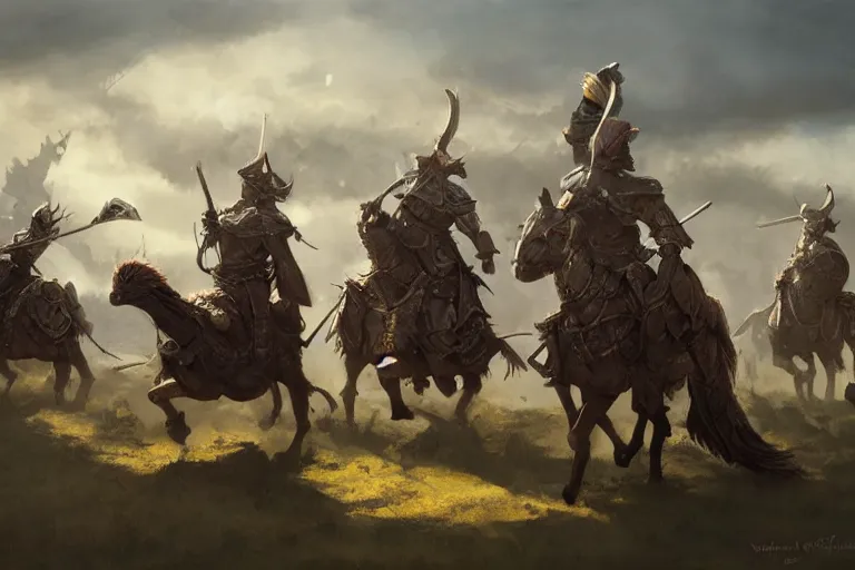 Prompt: our warriors now they clash over causes not worth bleeding for. knights on ostriches. ashigaru warriors in formation shields armor. sunset lighting hopeful, cinematic fantasy painting, dungeons and dragons, jessica rossier and brian froud