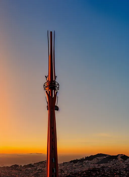 Image similar to sutro tower in san francisco, sunset, radio antenna, twin peaks, photorealistic, 8 k