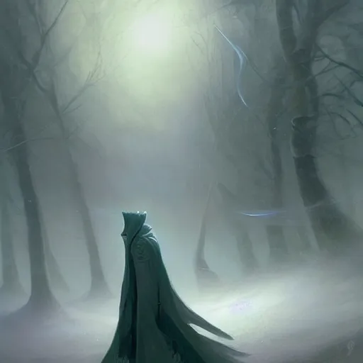 Image similar to ''cinematic shot'' white hooded mage ( spectre ) with leaves falling simetrical 8 k atmosferic realistic, radiant light, made by ivan aivazovsky, peter mohrbacher, greg rutkowski volumetric light effect broad light oil painting painting fantasy art style sci - fi art style realism premium prints available artwork unreal engine