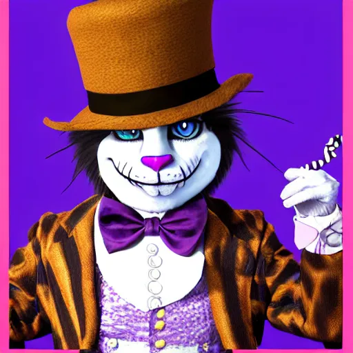 Prompt: The Cheshire Cat dressed up as Willy Wonka, digital art, trending on artstation