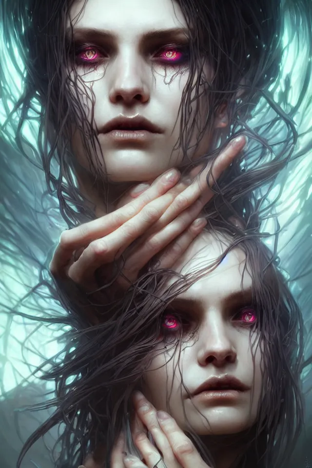 Image similar to Necromancer Sorceress face close-up macro in center, fantasy magic, undercut hairstyle, dark light night, intricate, elegant, sharp focus, illustration, highly detailed, digital painting, concept art, matte, art by WLOP and Artgerm and Greg Rutkowski and Alphonse Mucha, masterpiece