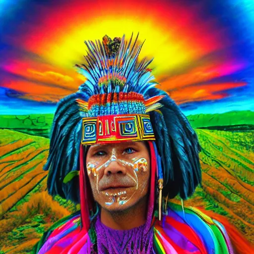 Image similar to a mayan holy man dressed in ceremonial garb on a vision quest, in a psychedelic landscape