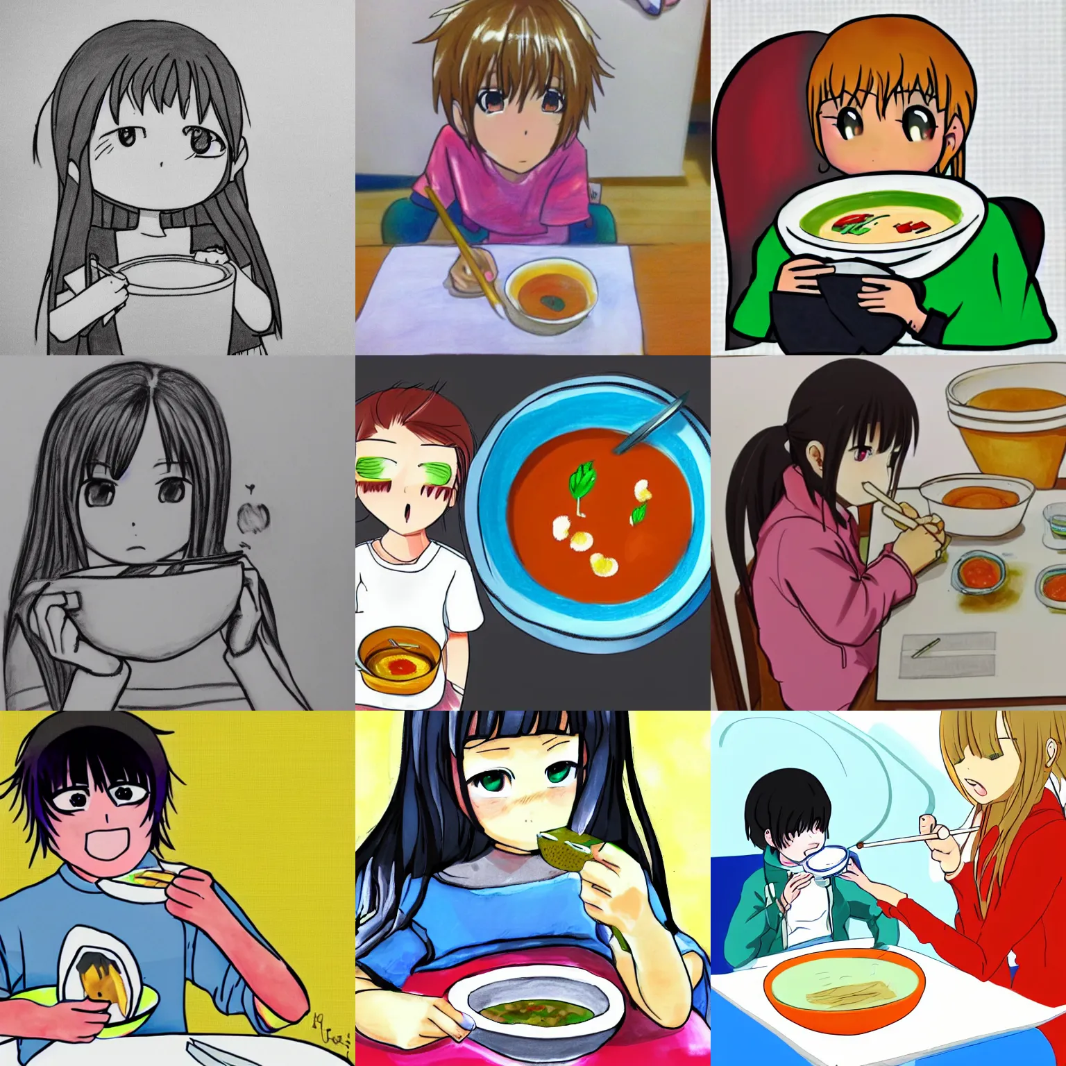 Prompt: anime girl eating soup, terrible kid drawing, child should never draw again in their entire life