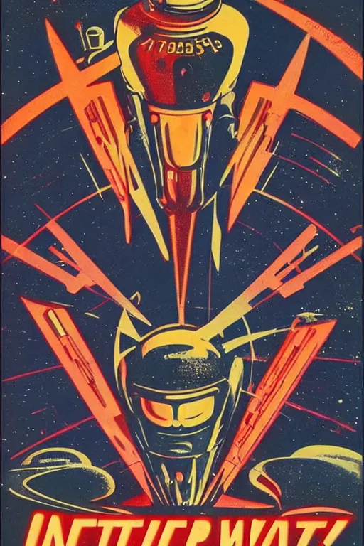 Prompt: poster of intergalactic war, 1 9 5 0 s style, futuristic design, dark, symmetrical, washed out color, centered, art deco, 1 9 5 0's futuristic, glowing highlights, intense