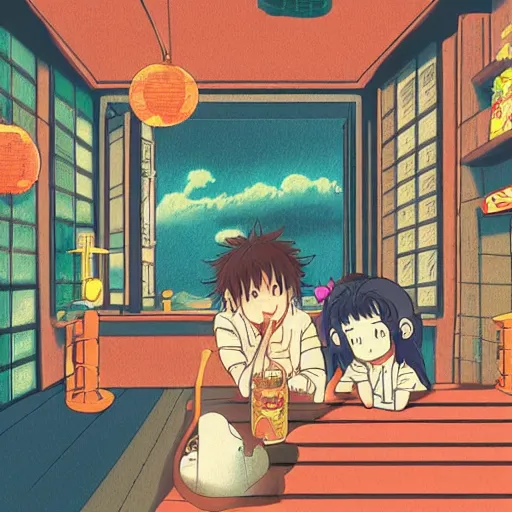 Image similar to pho, rainy day, anime, japan, ghibli, 9 0 s, retro style, aesthetic, chill, room