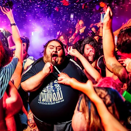 Image similar to a fat gipsy man screams into a mic during a huge party, award winning photograph, colorful