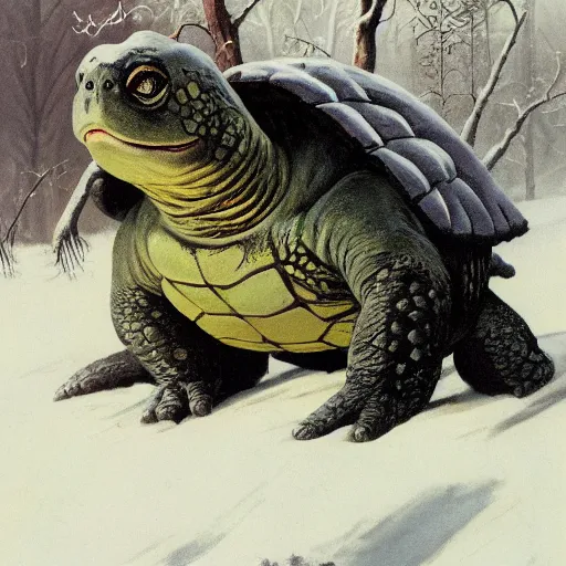 Prompt: anthropomorphic turtle humanoid, carapace, frank frazetta, blizzard, winter, night, furs, fantasy