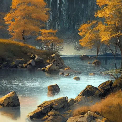 Image similar to a beautiful landscape, river, rocks, trees, by greg rutkowski, polygonal