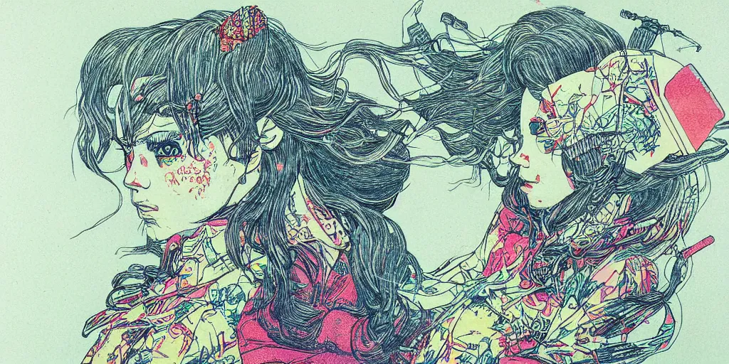 Image similar to a close - up grainy, risograph drawing, hyper light drigter, neon colors, a big porcelain glossy geisha head, with long hair, floating above the sharp peaks weapons, style by moebius and kim jung gi