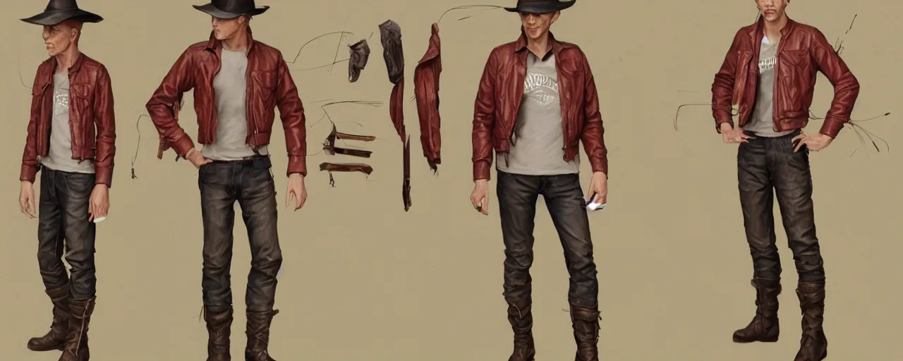 Image similar to character design, reference sheet, fashion, exagerrated thin, gaunt, 40's adventurer, unshaven, optimistic, stained dirty clothing, straw hat, riding boots, red t-shirt, dusty rown bomber leather jacket, , detailed, concept art, photorealistic, hyperdetailed, 3d rendering , art by Leyendecker and frazetta,