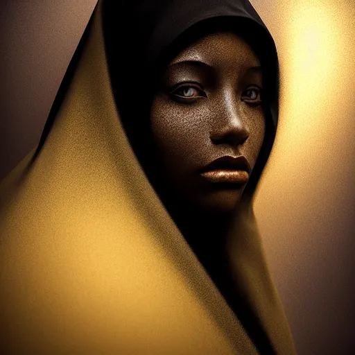 Image similar to a portrait of a young black woman wearing a long dark cloak, hood and shadows covering face, anatomically correct, beautiful face, enigmatic, oil painting, matte painting, black background, Volumetric Golden dappled dynamic lighting, Highly Detailed, Cinematic Lighting, Unreal Engine, 8k, HD, by Beksinski