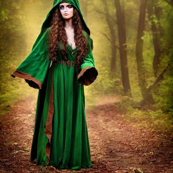 Image similar to full length photo of a very beautiful!! elemental earth witch with ornate green and brown robes, highly detailed, 4 k, hdr, smooth, sharp focus, high resolution, award - winning photo