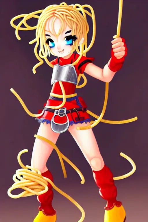 Image similar to A cute spaghetti-girl thief protagonist with leather-strap-armor and ninja weapons is exploring the tenth reality. A highly detailed fantasy character in the style of a McDonald's Burger