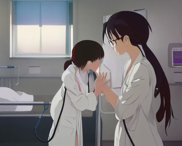 Prompt: a cute young female doctor wearing white coat are talking to a little girl in a hospital, slice of life anime, lighting, anime scenery by Makoto shinkai