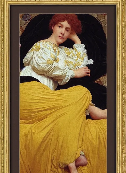 Prompt: portrait of lady reclining on bed wearing yellow ochre ornate medieval dress, foreshortening, framed, preraphaelite colour photography by frederic leighton, william morris, 8 k