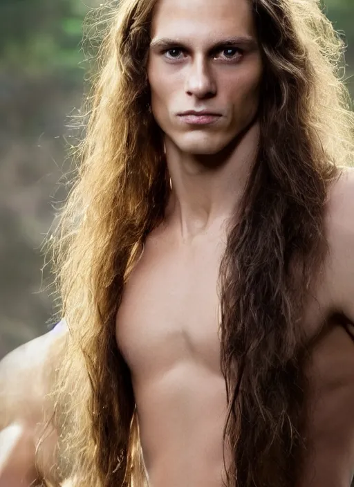 Image similar to a very skinny young Tarzan close-up portrait of young white male, with long straight slicked back brown hair shoulder length