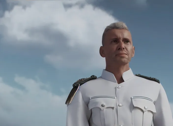 Prompt: proud man wearing a white tunic uniform, no medals, no epaulettes, his arms are behind his back, ultra realistic, 4 k, movie still, uhd, sharp, detailed, cinematic, render, modern