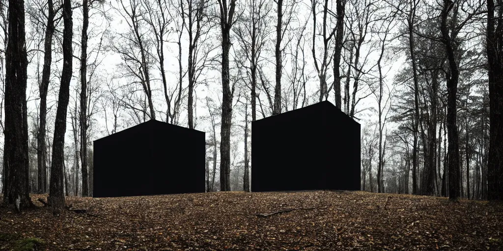 Image similar to a black cube minimalist house in the woods and empty woods, 8k, fantasy, hyper realistic, dramatic lighting, cinematic