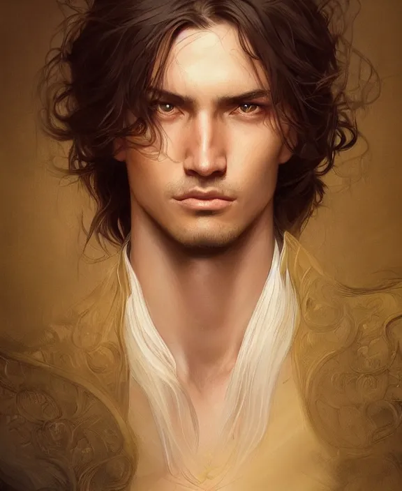 Image similar to portrait close up of guy, concentrated look, symmetry, long hair. d & d, fantasy, intricate, elegant, highly detailed, digital painting, artstation, concept art, art by artgerm and greg rutkowski and alphonse mucha, boris vallejo