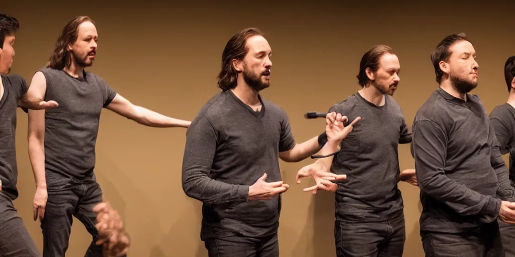 Prompt: a photo from a trio improv show where the three performers are incredibly handsome, hyper realistic, ultra detailed, 8 k, sharp focus, ultra detailed, by leesha hannigan, ross tran, thierry doizon, kai carpenter, ignacio fernandez rios