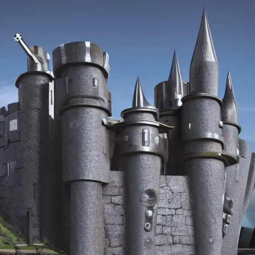 Image similar to photo of a futuristic metal castle with machine guns and rocket launchers on the walls