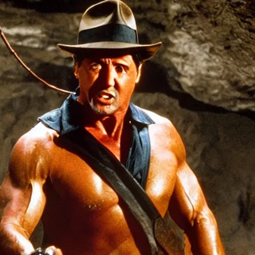 Prompt: sylvester stallone as indiana jones with a whip in his hand, holding a golden mayan skull, in a cave full of traps