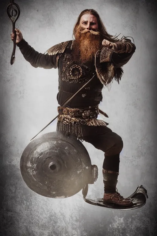 Image similar to old editorial vintage full body photo of ancient viking warrior with full beard on the complex big steam punk airboard with antigravity engine, extreme sports photography ,super high speed photogrphy, dynamic photography,symmetrical face, clean face, muscular body, high speed,dirt and grawel in air, lens flares, dust partiles in the air, dramatic lighting, intricate, highly detailed, centered, smooth, sharp focus, sports photography, old photo, black and white, sepia, cinematic lighting, cinematic angle, national geographic