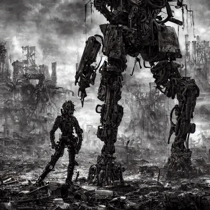 Image similar to gritty apocalyptic human - cyborg standing amongst destroyed machinery, hyper - detailed, sharp focus, 4 k ultra hd, fantasy dark art, apocalyptic art