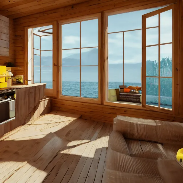 Image similar to kitchen interior in a wooden a frame cabin, yellow cabinets and white walls, vintage fridge, large window in back with ocean scenery, marble countertops, leather couch, realistic, unreal engine render, octane render, hyper realistic, photo, 8 k