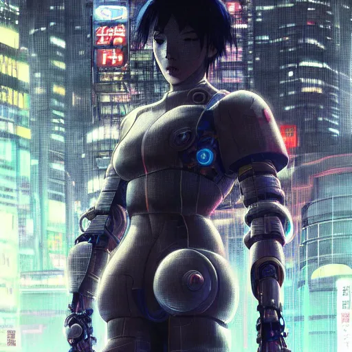 Image similar to a japanese cyberpunk robot, finely detailed features, cyborg robot parts with glowing lights!, dramatic cinematic, night, at cyberpunk city, ghost in the shell, akira, noir, painted by greg rutkowski makoto shinkai takashi takeuchi craig mullins, alphonse mucha, studio ghibli, pixiv