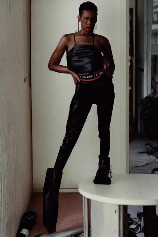 Image similar to realistic! photoshoot for a new vetements lookbook, color film photography, portrait of a beautiful woman, location in a apartment, in style of tyler mitchell, 35mm