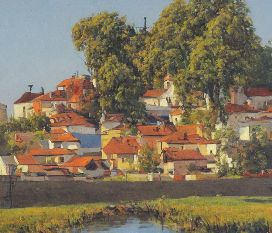 Image similar to beautiful view of a peaceful ukrainian town. art by isaac leitan and ivan shiskin, oil on canvas