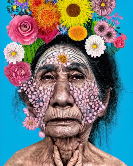 Prompt: a portrait of a beautiful fleshy old mexican woman who is surprised she is still alive, covered in flowers in the style of guiseppe arcimboldo and james jean, covered in wispy gray hair with a hint of neon, mixed media, hd, 3 d