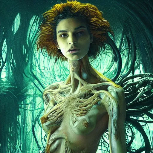 Prompt: masterpiece, emily ratajkowski, bones and veins, biopunk clothes, body horror, yellow glowing background, gustav dore, zdzislaw beksinksi, Ross Tran