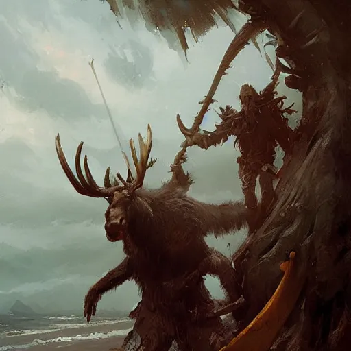 Image similar to anthropomorphic moose barbarian humanoid by greg rutkowski, pirate ship, sea, fantasy