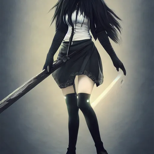 Image similar to yorha no. 2 type a holding a stick, painting, by justine florentino, fantasy art, photo realistic, dynamic lighting, artstation, poster, volumetric lighting, very detailed face, 8 k, award winning