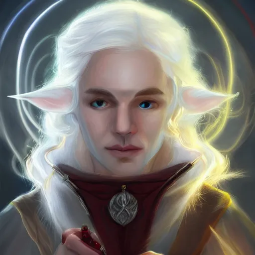 Image similar to Beautiful white haired aged fair skinned scholar elf with spell scroll and lightning background, realism, digital painting, detailed artwork, portrait, mythical, artstation