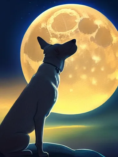 Prompt: a dog howling at the moon, the ocean in the backgound. intricate, elegant, highly detailed, digital painting, artstation, concept art, sharp focus, illustration, by justin gerard and artgerm, 8 k