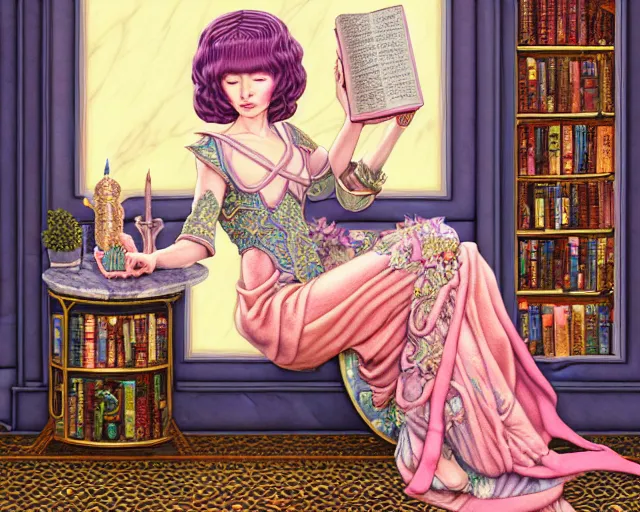 Image similar to a detailed fantasy pastel portrait of a woman wizard in ornate clothing lounging on a purpur pillow on the marble floor in front of her bookcase in a room, reading an ancient tome. to the side is a potted plant, moody light. ancient retrofuturistic setting. key art, focus on face, by chie yoshii and casey weldon