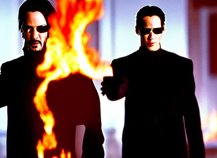 Prompt: Film still of Keanu Reeves as Neo in The Matrix movie doing a thumb up to the camera in front on burning servers, servers in flames in the background, doing a thumb up, The Matrix servers on fire, uncropped, full body, crispy, symmetrical face, ultra detailed, cinematic
