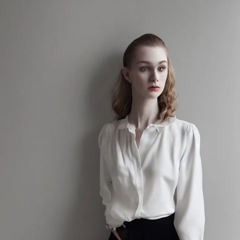 Prompt: hitch dreise blouse in a white room, beautiful face, pale skin, rule of thirds, cinematic lighting, rainy weather, melancholy atmosphere, sharp focus, backlit, stunning, model agency, smooth, hard focus, full body shot, instagram photo, shot on iphone 1 3 pro max, hyper realistic,