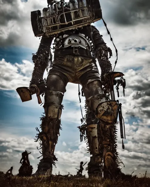 Prompt: photoshoot of the post apocalyptic warrior giant master blaster, in the style of mad max beyond the thunderdome and director george miller, cinematic