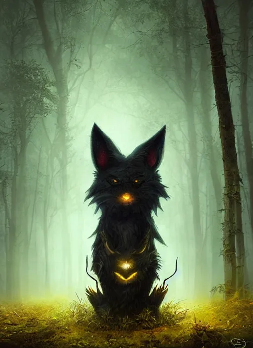 Image similar to a ominous furry creature with long twisted ears standing in a forest, yellow glowing eyes, dark fantasy, michael kutsche, concept art, beautiful lighting