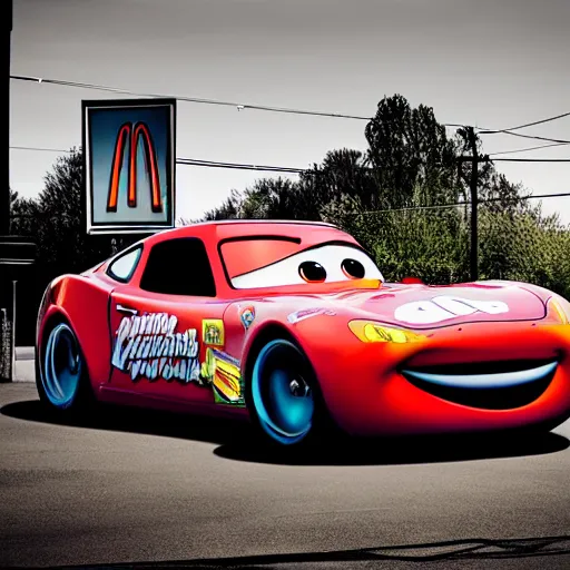 Image similar to photorealistic lightning mcqueen from cars at the mcdonalds drive through, award winning candid photography