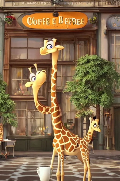 Image similar to a giraffe with big eyes looking for a cup of coffee in beautiful morning café in Paris. Pixar Disney 4K 3d render funny animation movie Oscar winning trending on ArtStation and Behance. Ratatouille style.