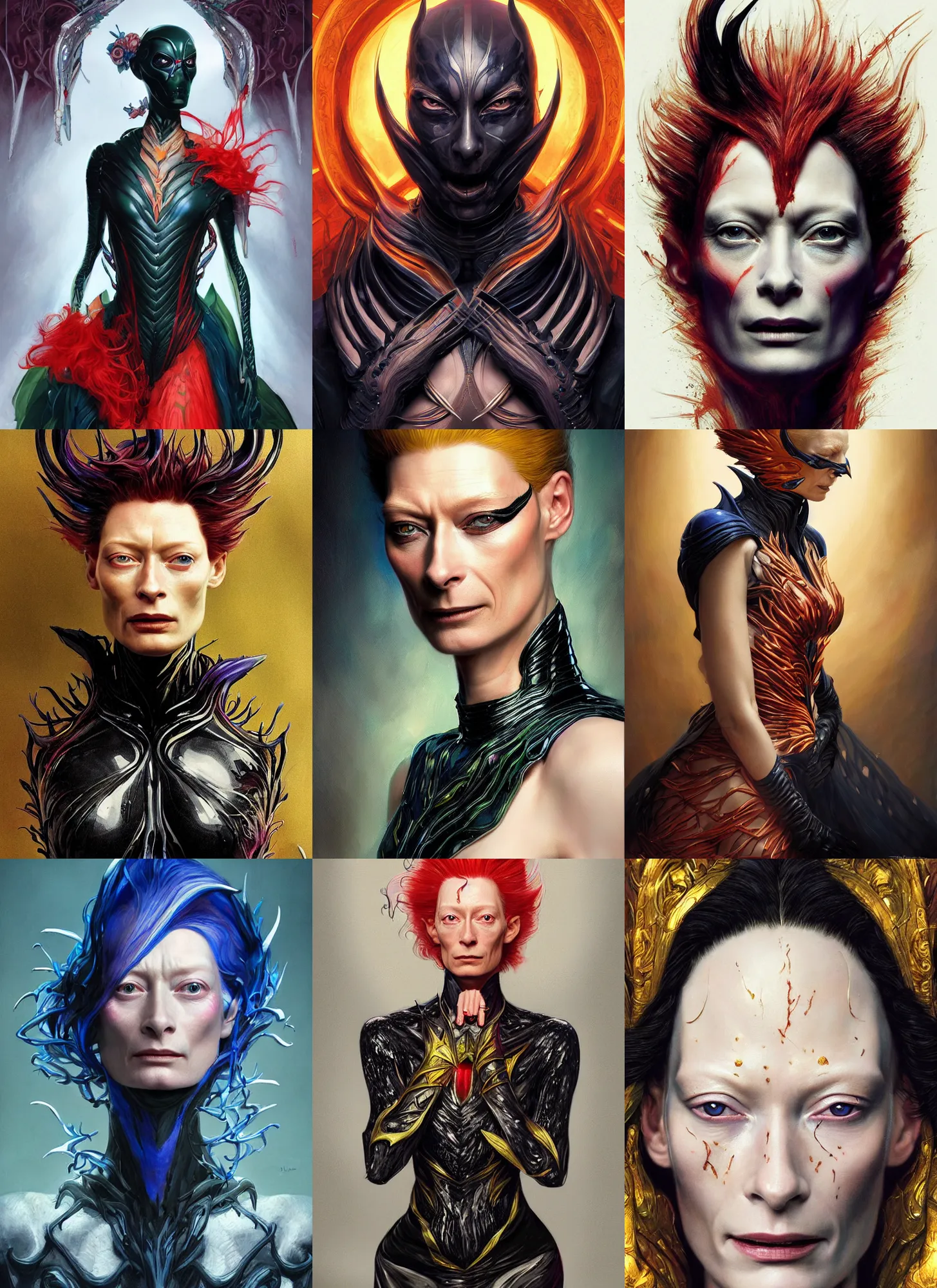 Prompt: portrait of beautiful young tilda swinton as supervillain venom, digital art by eugene de blaas, ross tran, and nasreddine dinet, vibrant color scheme, intricately detailed, in the style of romanticism, cinematic, artstation, greg rutkowski