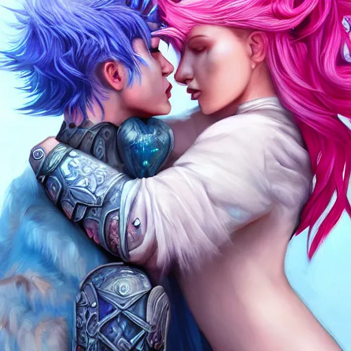 Prompt: fierce warrior mage kissing warrior angel with pink hair, blue piercing eyes, mystery, beautiful aesthetic, by james jean, trending on artstation, ultra realistic, iso 4 0 0, f - stop 2