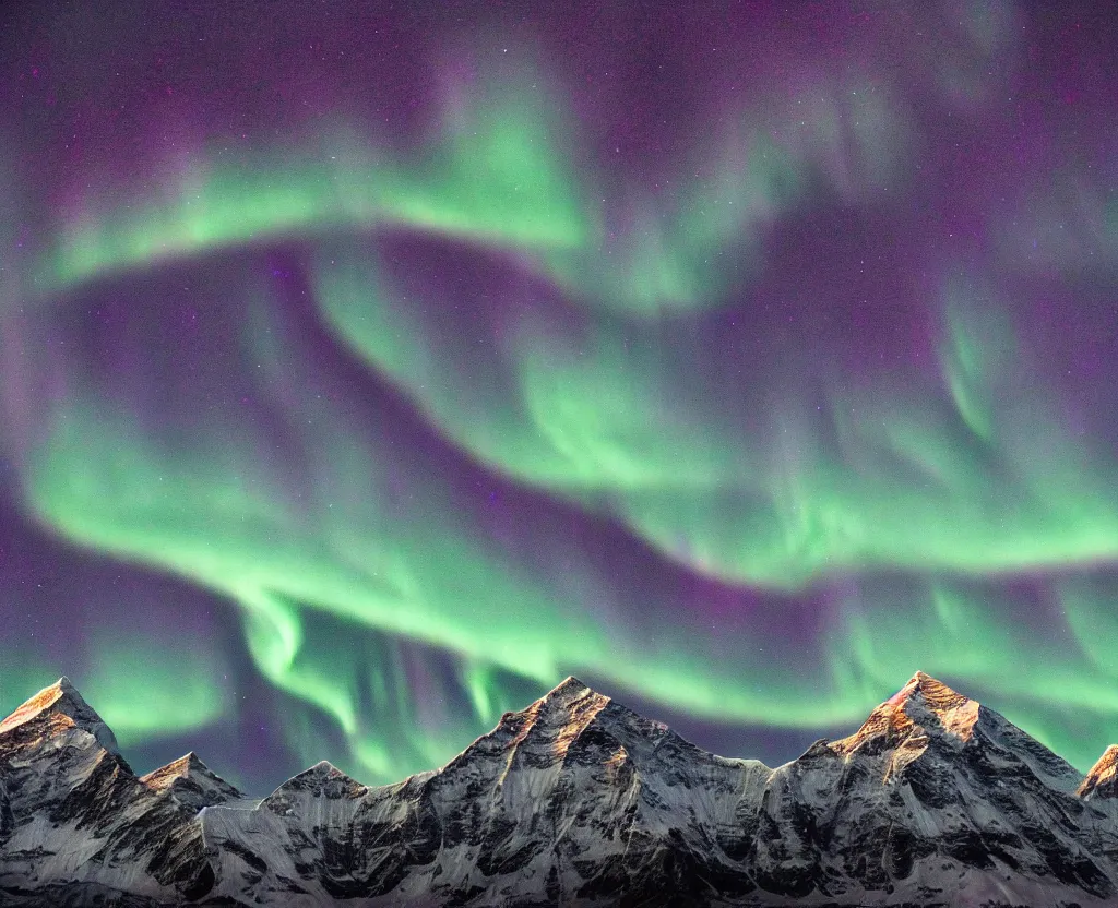 Image similar to Mount Everest with Northern Lights mixed with Van gogh sky