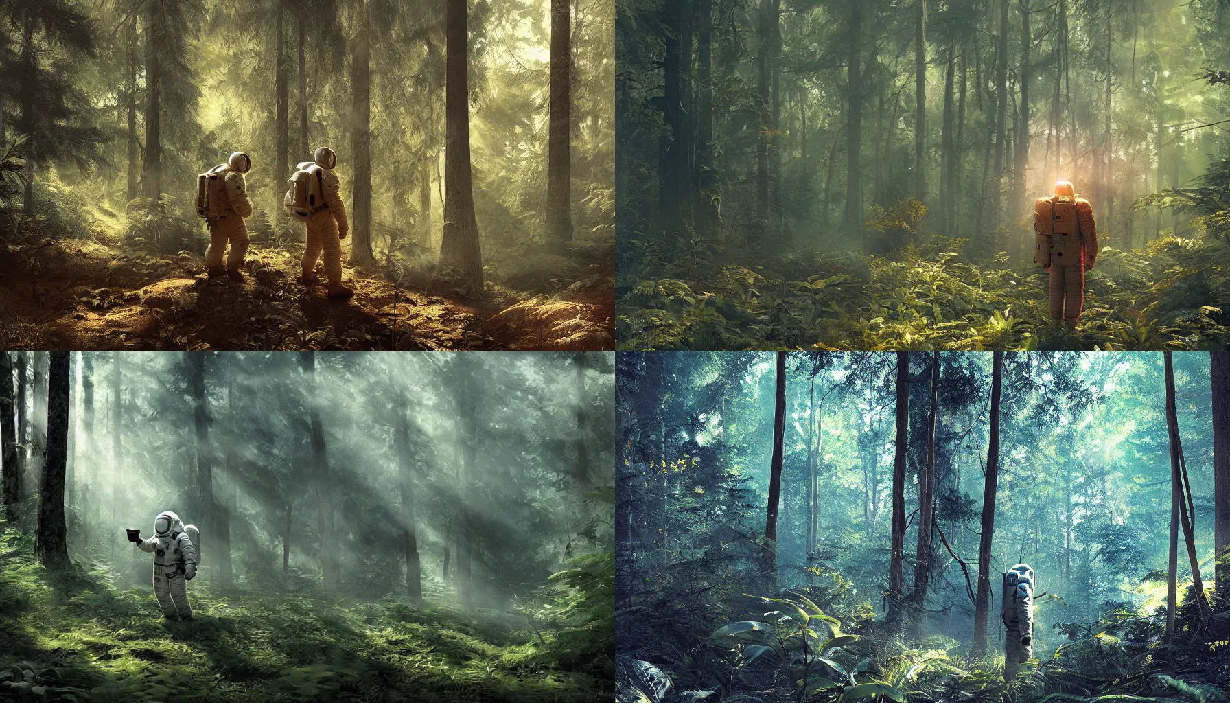 Image similar to american astronaut in the forest, plants environment, wide angle, cinematic lighting, atmospheric, realistic, octane render, highly detailed, in the style of craig mullins